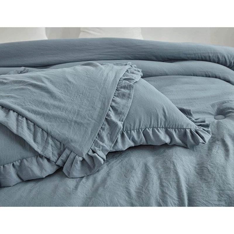 Full Size Blue Stone Washed Ruffled Edge Microfiber 3-Piece Comforter Set - PRHOMZ