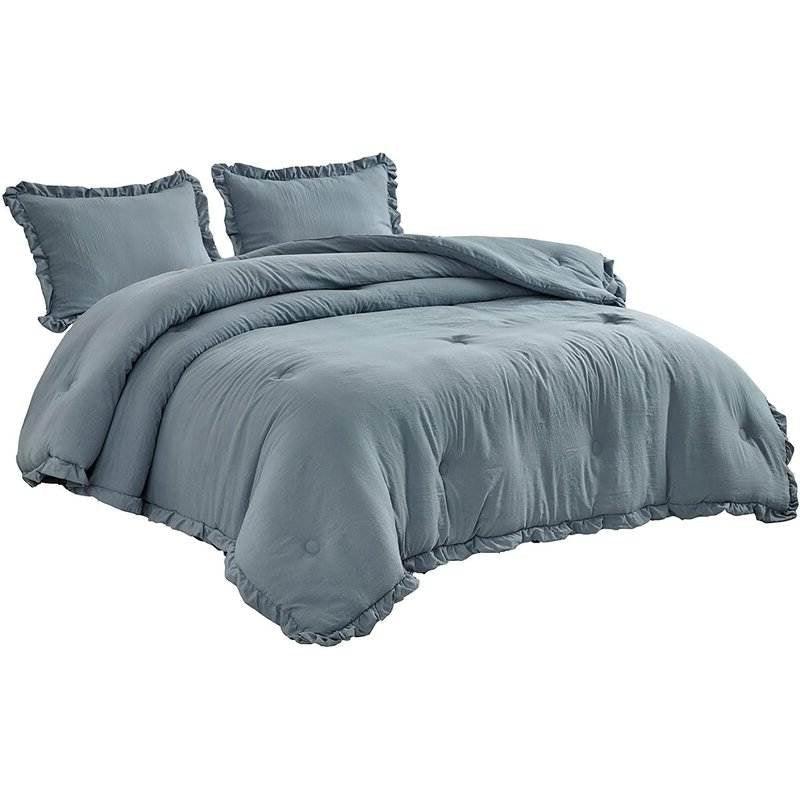 King Oversized Blue Ruffled Edge Microfiber Comforter Set - PRHOMZ