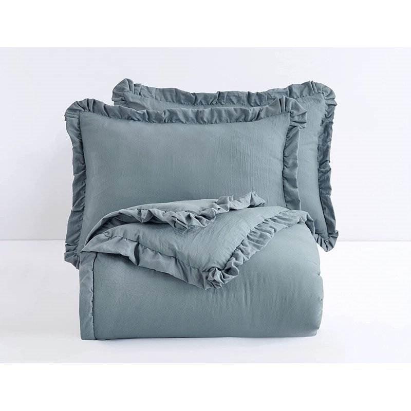 King Oversized Blue Ruffled Edge Microfiber Comforter Set - PRHOMZ