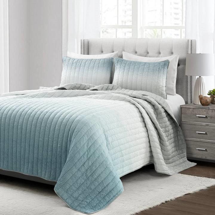 King size Aqua Blue and Grey Lightweight Polyester Fabric 3 Piece Quilt Set - PRHOMZ