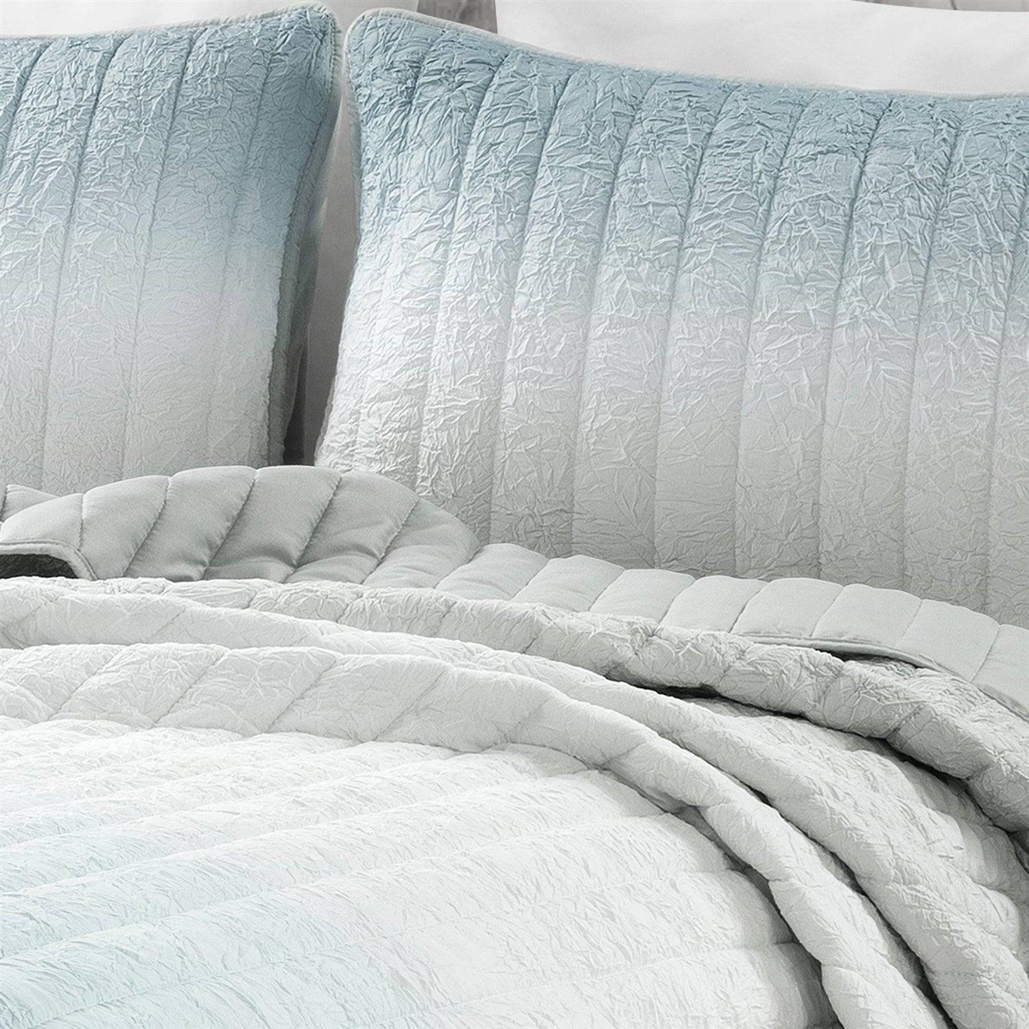 King size Aqua Blue and Grey Lightweight Polyester Fabric 3 Piece Quilt Set - PRHOMZ