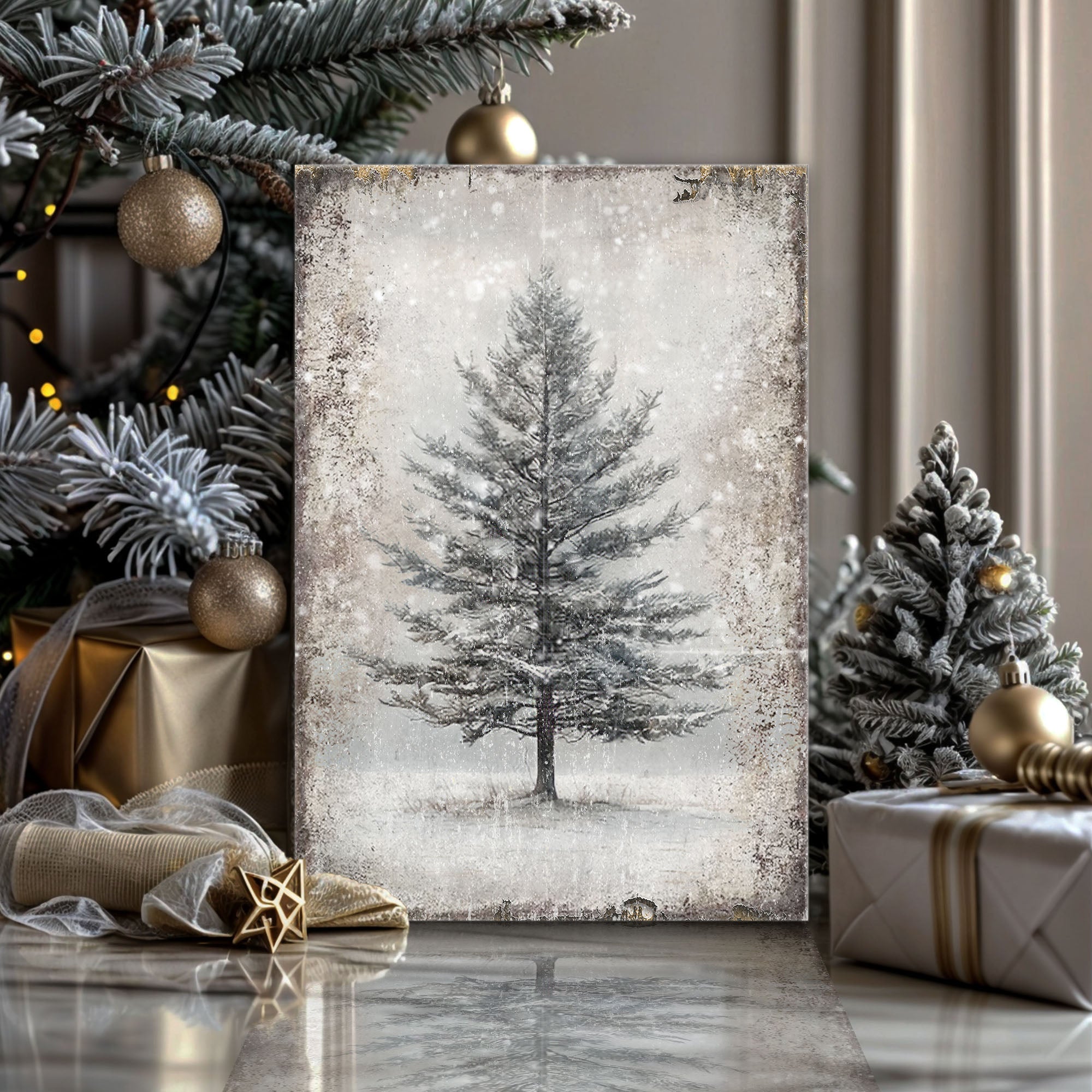 Vintage Christmas Tree Wall Art with Free Personalized Christmas Card