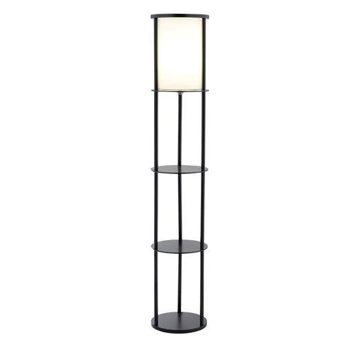 Modern Asian Style Round Shelf Floor Lamp in Black with White Shade - PRHOMZ