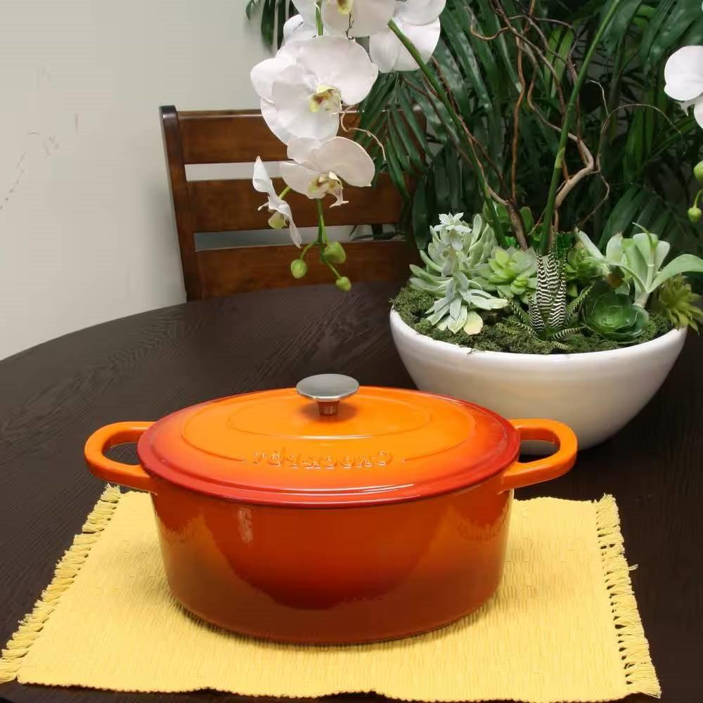 7-Quart Enameled Orange Sunburst Cast Iron Dutch Oven with Lid - PRHOMZ