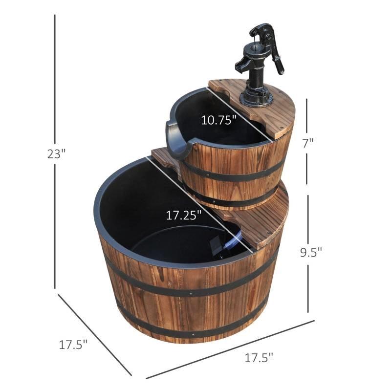 Outdoor 2-Tier Solid Wood Whisky Barrel Waterfall Fountain with Electric Pump - PRHOMZ