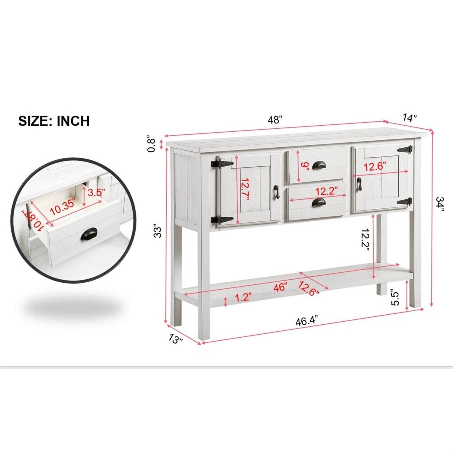 Farmhouse Solid Wood Sofa Table with Storage Drawers in Rustic White Finish - PRHOMZ