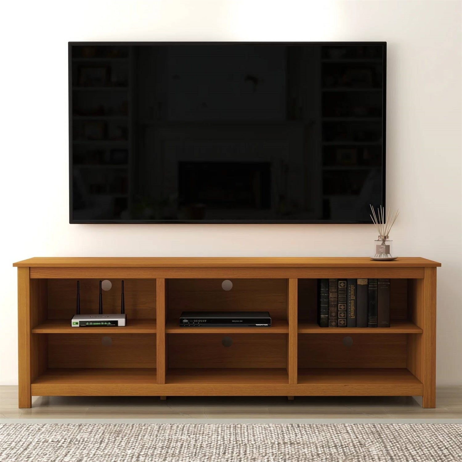 Farmhouse TV Stand in Amber Brown Wood Finish - for TVs up to 70-inch-0