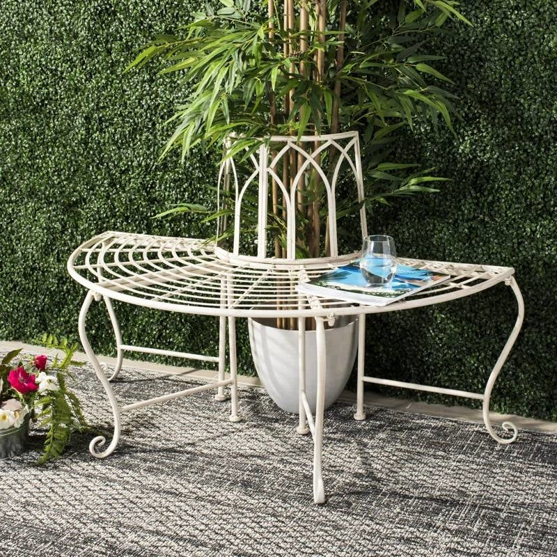 Half-Circle Outdoor Patio Garden Antique White Wrought Iron Tree Bench-0
