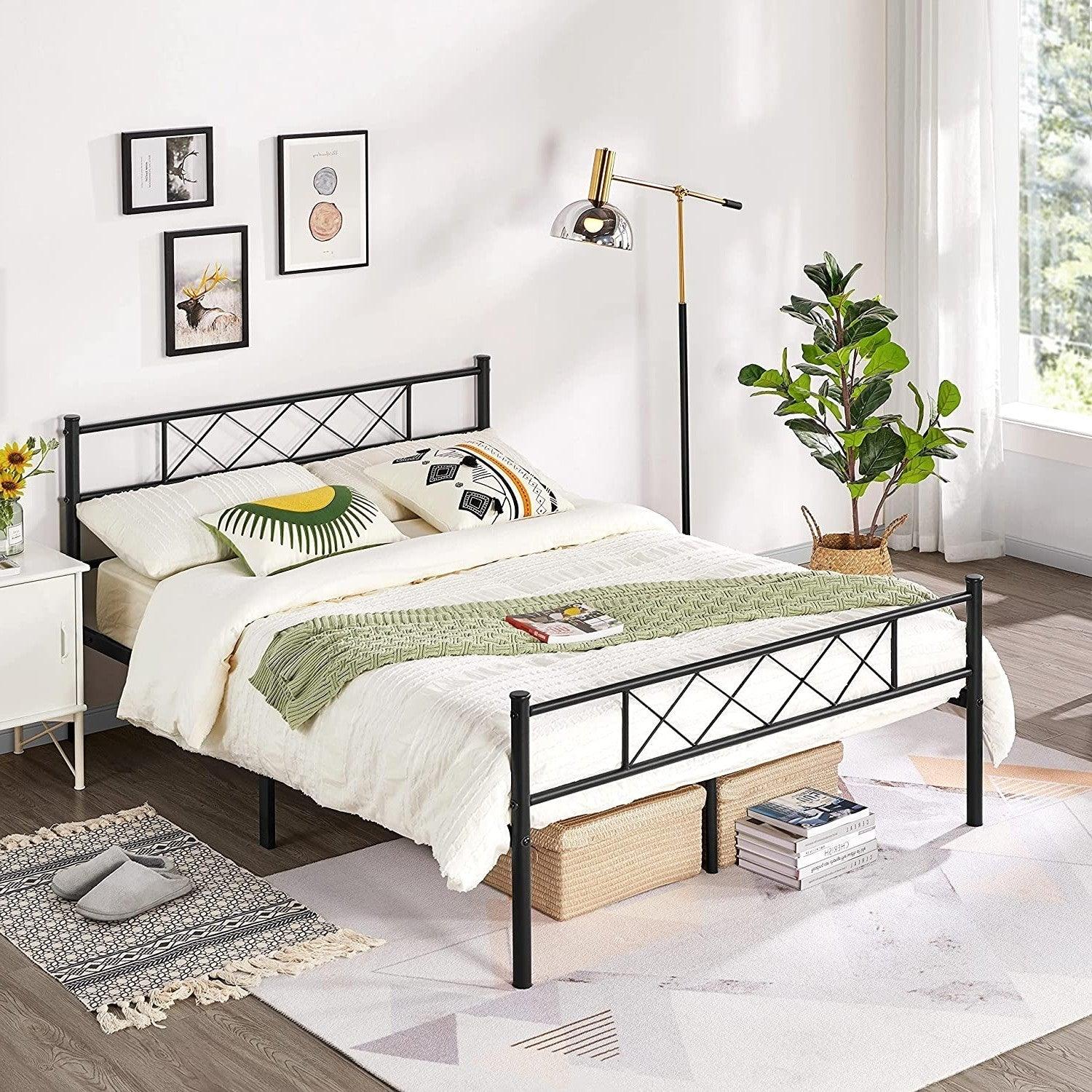 Queen Size Traditional Powder Coated Slatted Metal Platform Bed - PRHOMZ