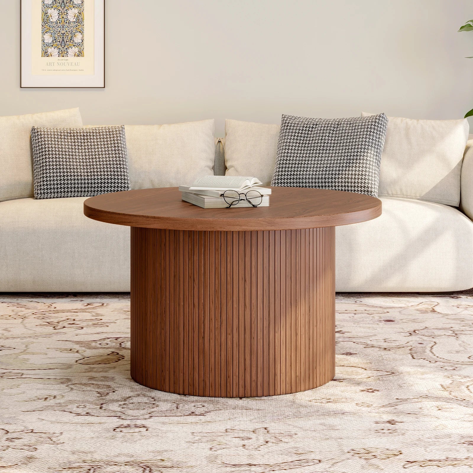 31.5" Round Coffee Table,Tambour Design Coffee Tables,Mid Century Modern Wood Coffee Table,Drum Accent Small Center Table,Walnut