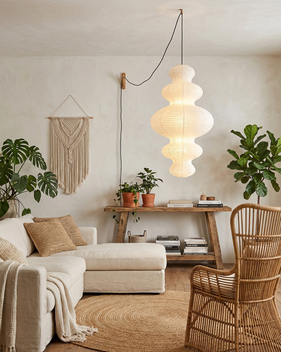 Shiroi | Plug In Pendant Light with Rice Paper Shade | Dimmable Lantern Lamp for Bedroom