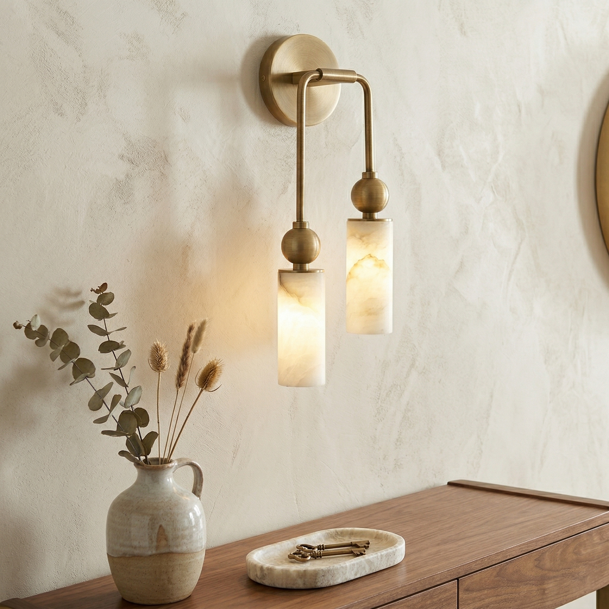 Natural Alabaster Wall Sconce with Brass Hardware | Warm Glow Bedside Light