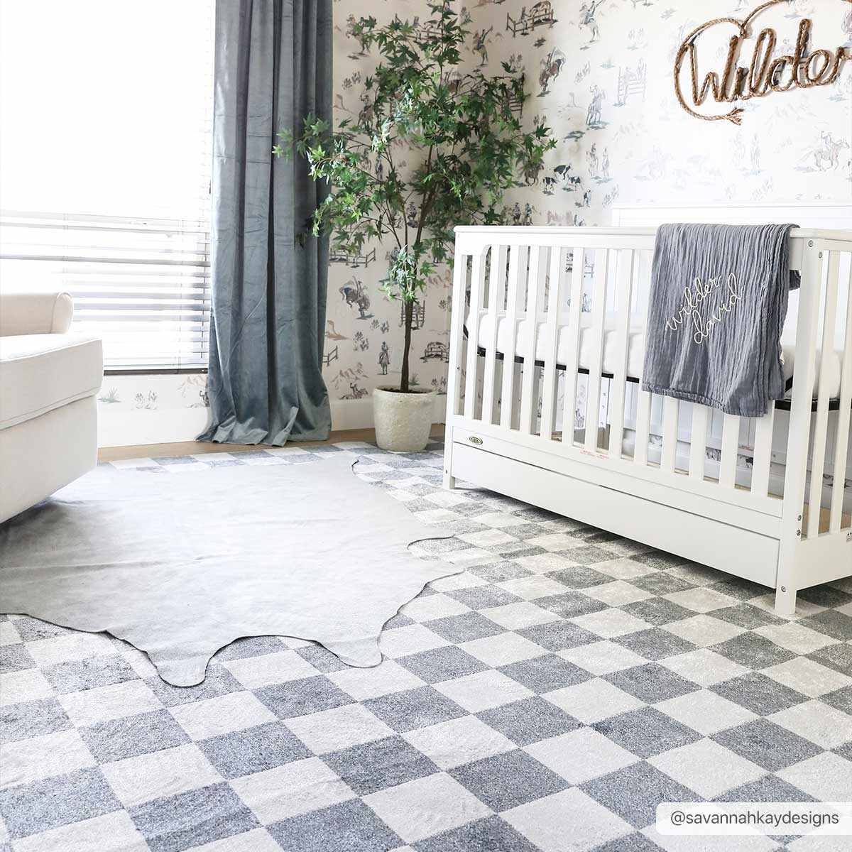 Alie Blue Gray Checkered Washable Rug