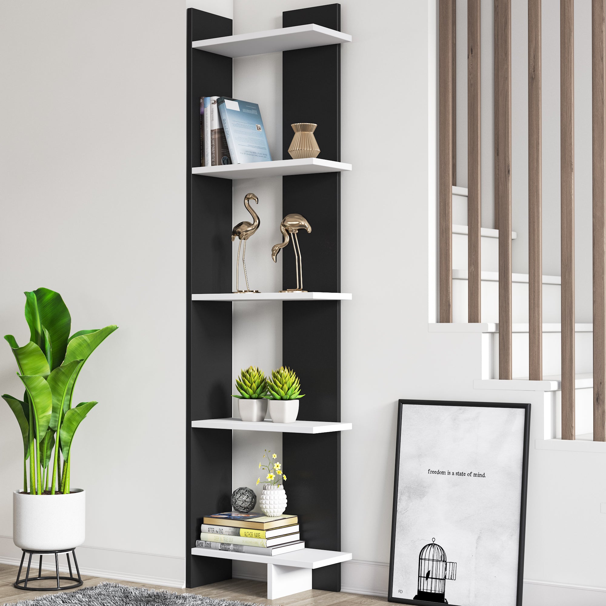 Alice 67” Corner Bookcase – 5-Tier Narrow L-Shaped Wall-Mounted Corner Bookshelf