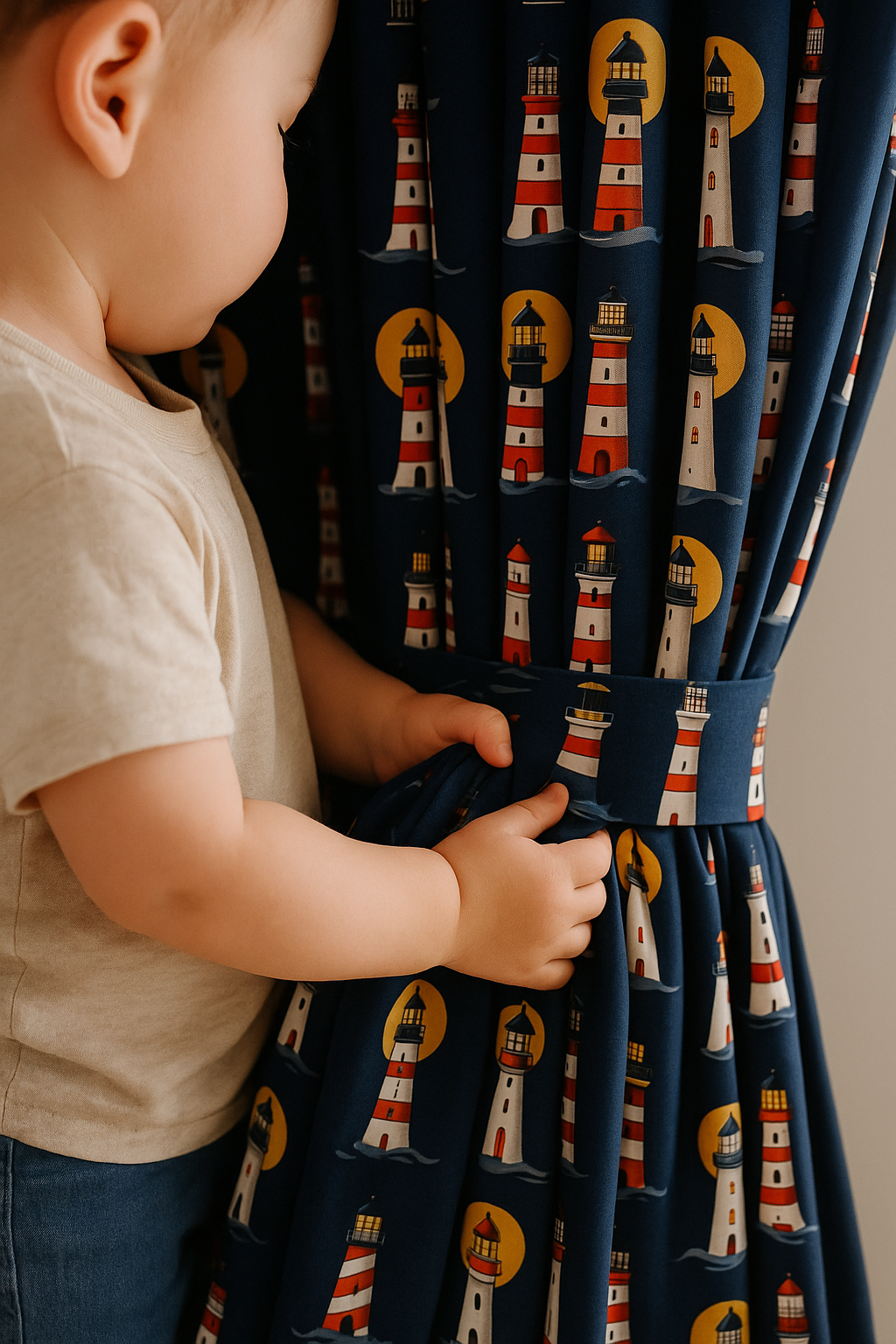 Lighthouse Navy Cotton Kids Curtains – Nautical Bedroom Drapes, Light-Filtering or 100 % Blackout-0