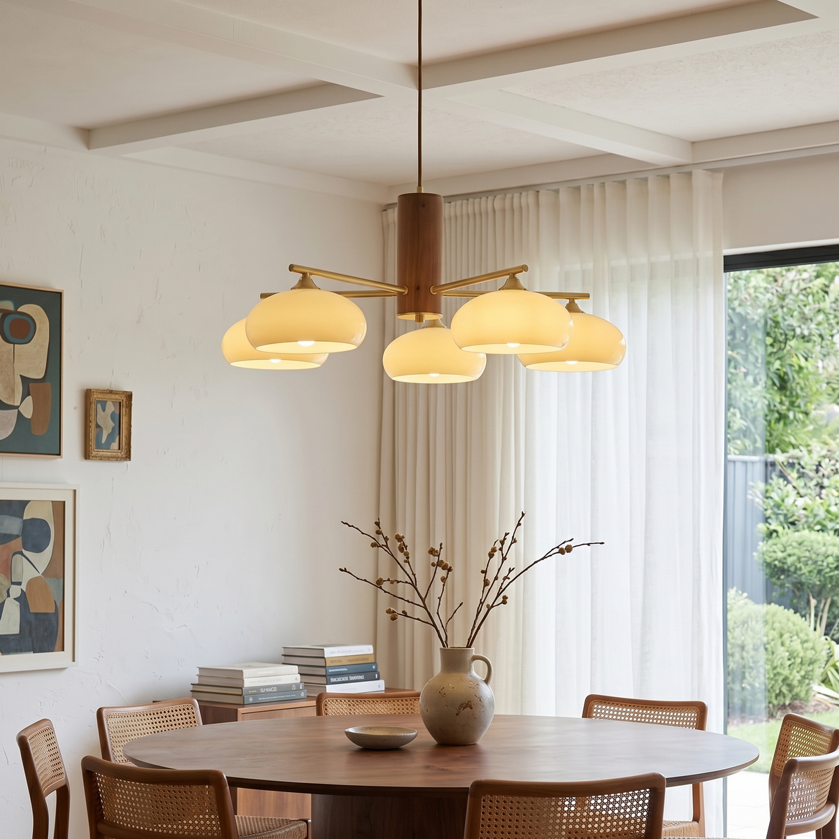 Elliptical Glass Globe Chandelier with Brass Arms | Dining Table Light Fixture