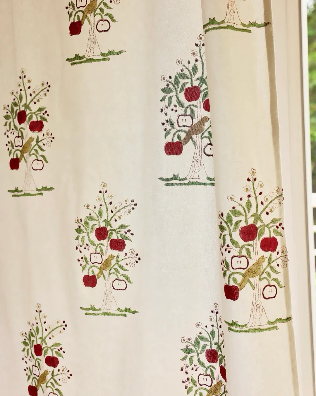 Cream & Red Hand Block Printed Linen Curtains | Apple Tree Design-3