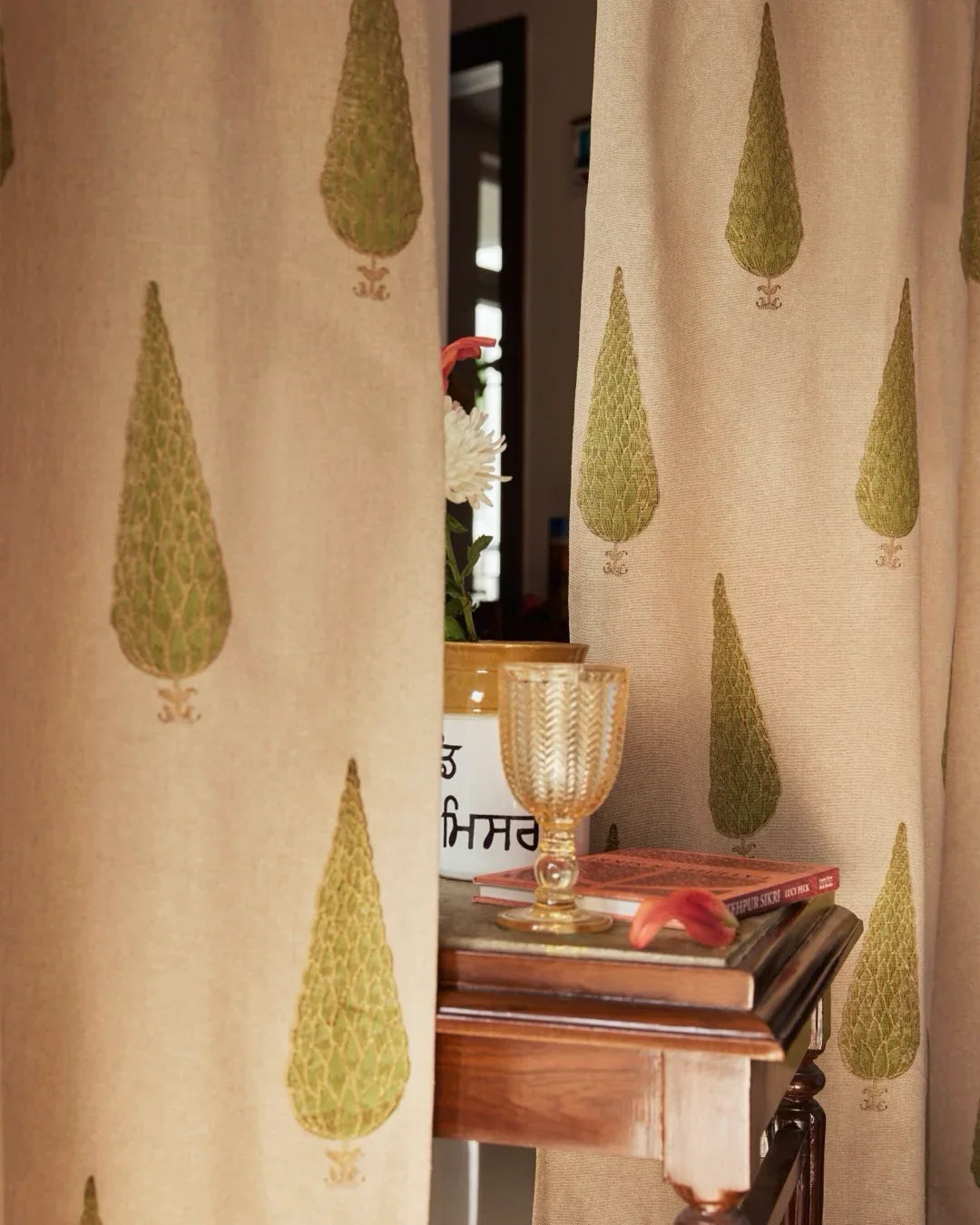 Beige & Green Hand Block Printed Linen Curtains | Cypress Tree Design-0