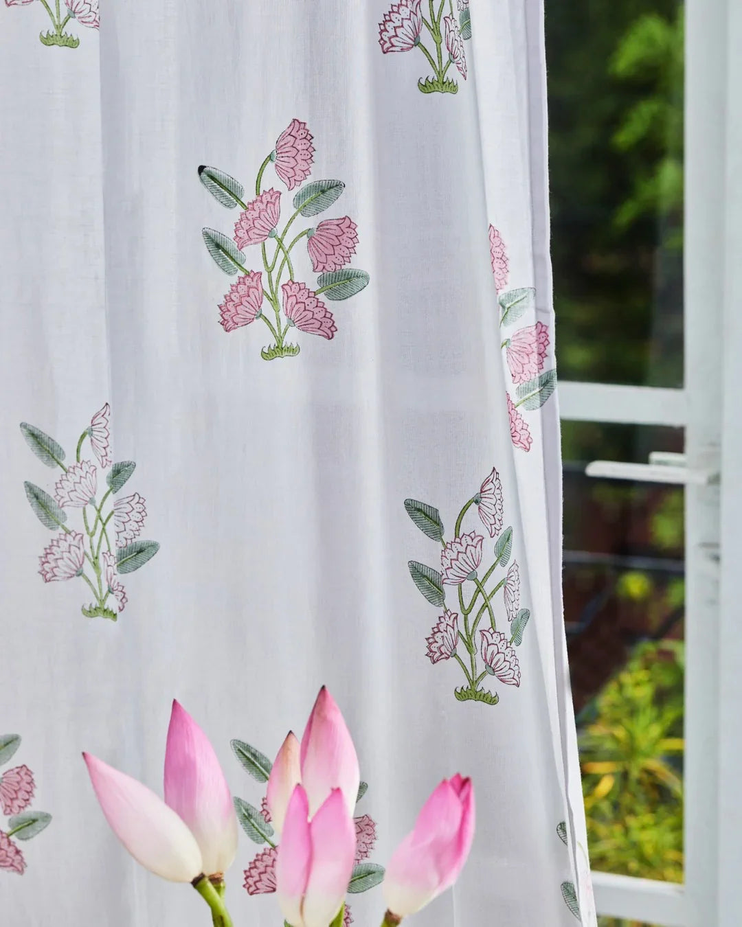 Light Grey & Pink Hand Block Printed Linen Curtains | Lotus Flower Design-3