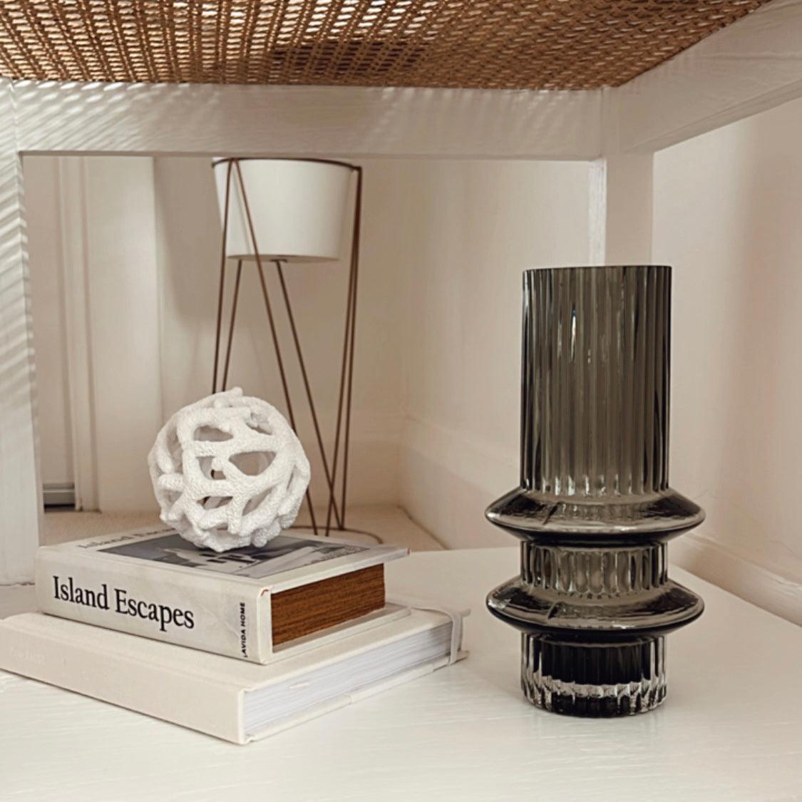 Ribbed Layered Tall Glass Vase-Medium-Grey - PRHOMZ