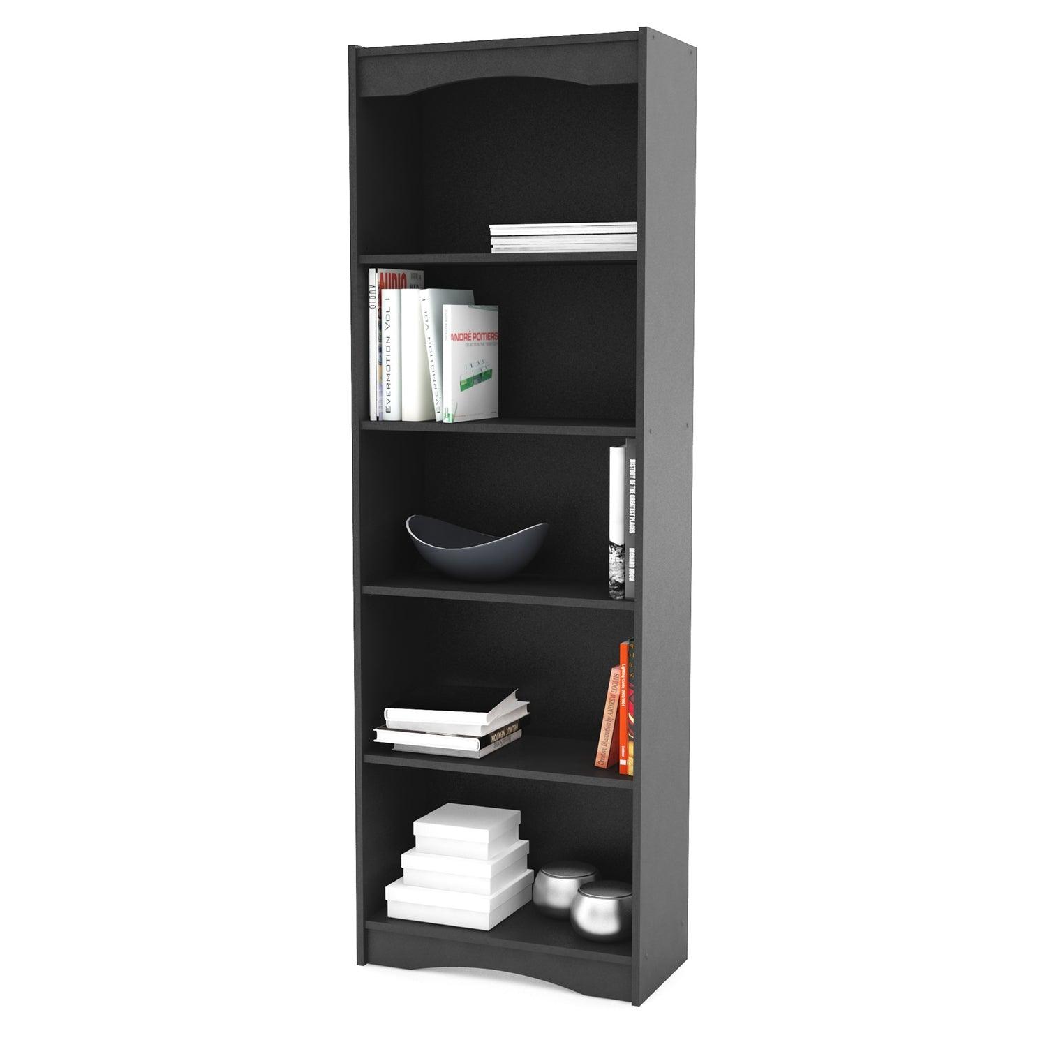 Contemporary Black Bookcase with 5 Shelves and Curved Accents - PRHOMZ