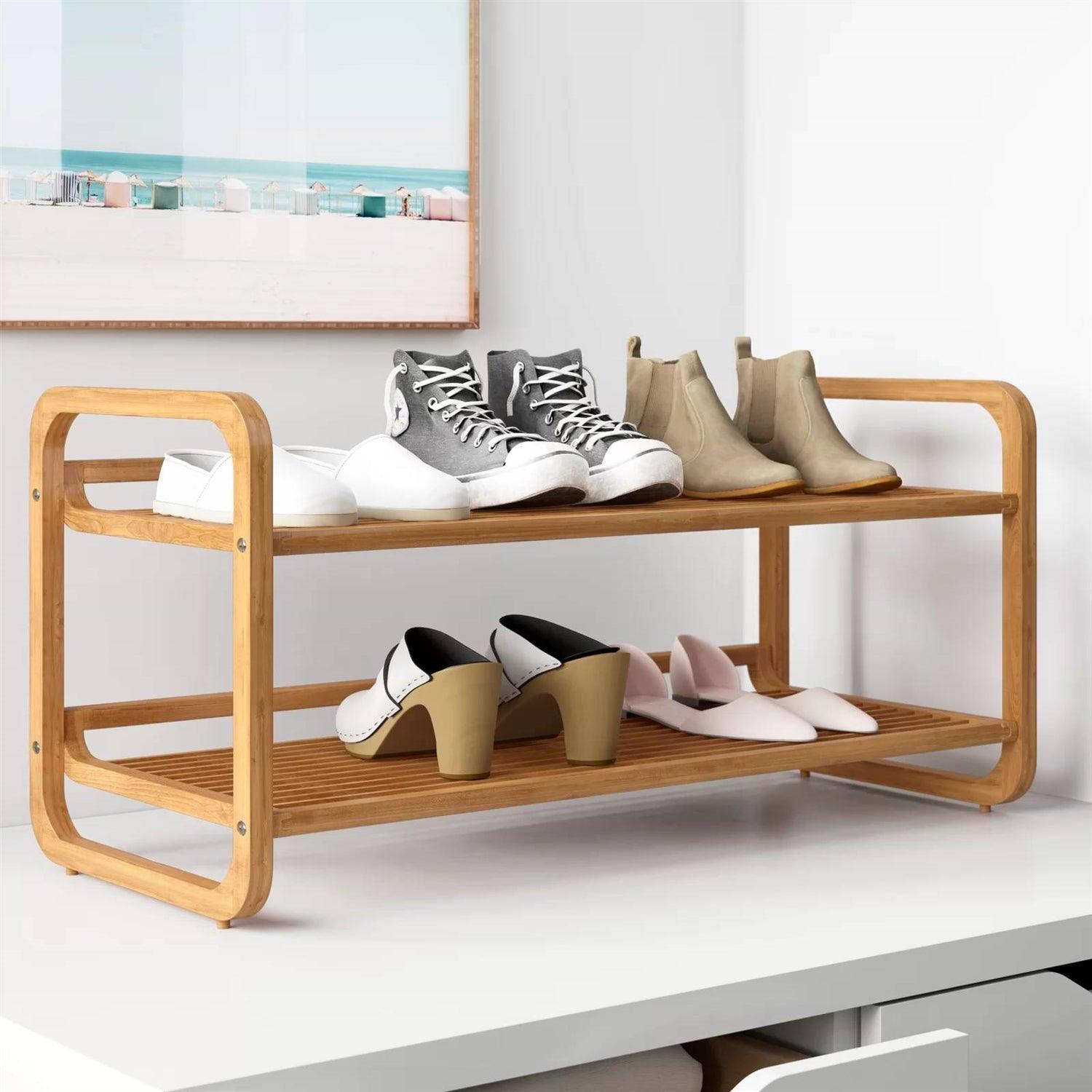 Bamboo Modern 2-Shelf Stackable Shoe Rack - Holds up to 8 Pair of Shoes - PRHOMZ
