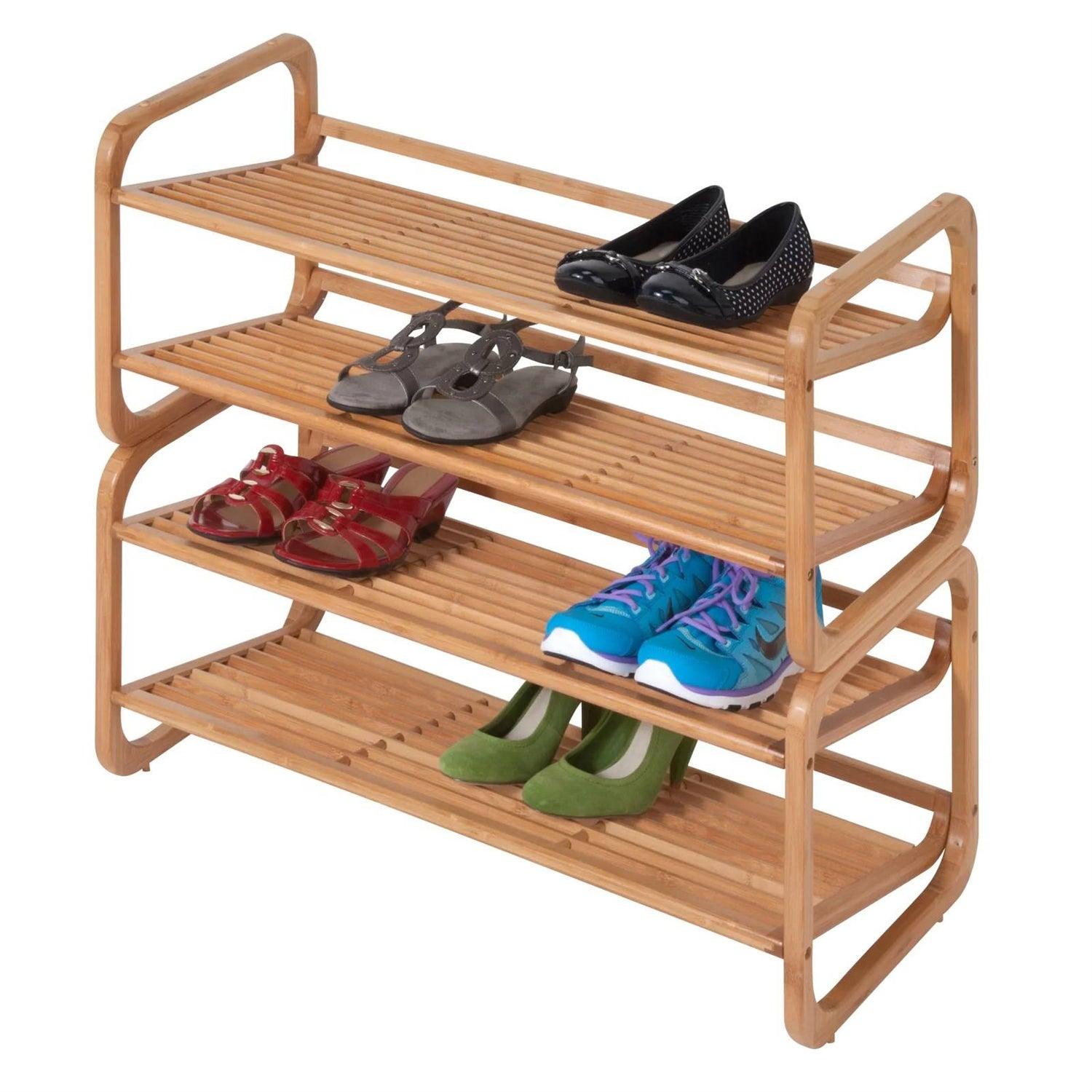Bamboo Modern 2-Shelf Stackable Shoe Rack - Holds up to 8 Pair of Shoes - PRHOMZ