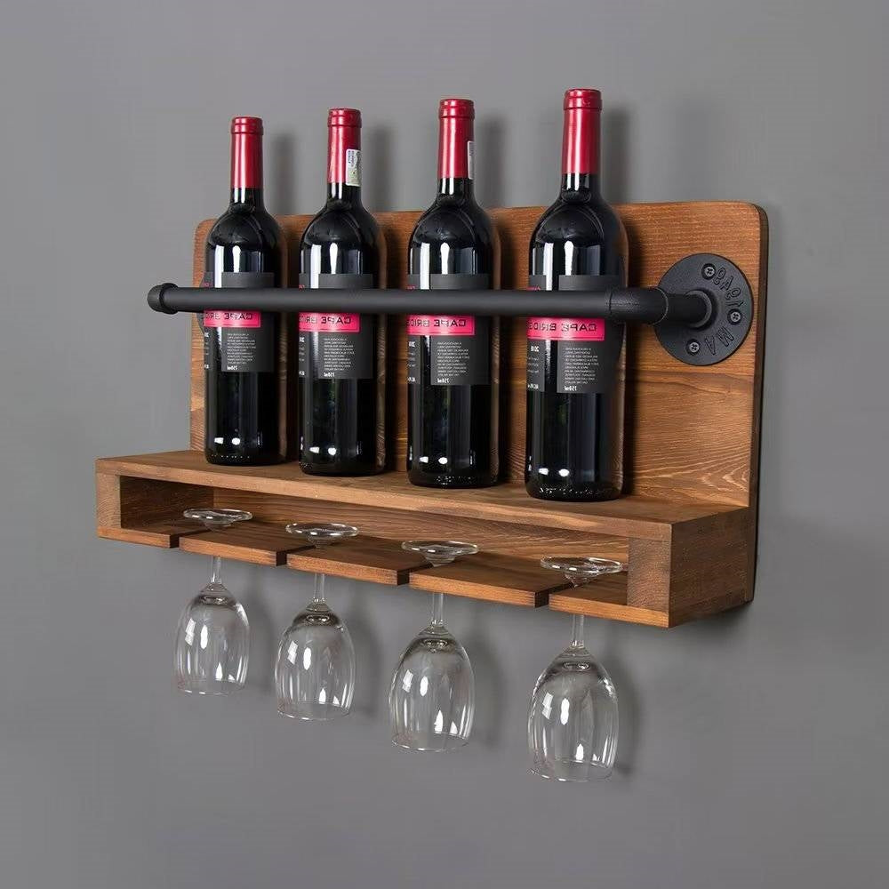 4 Bottle Rustic Farmhouse Wall Mounted Wine Rack with Glass Holder-0