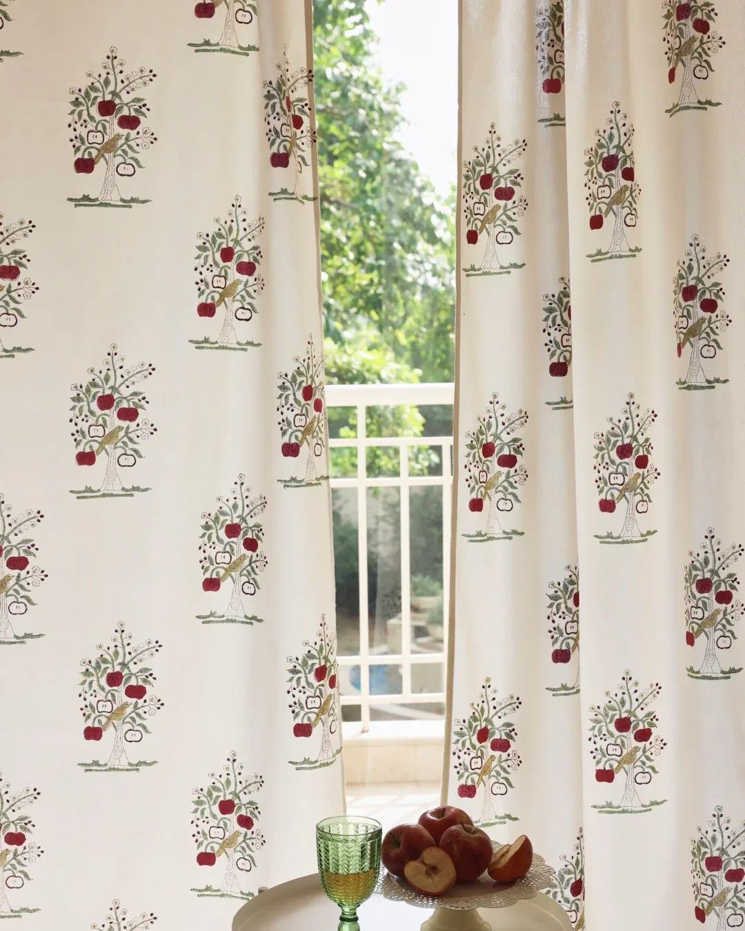 Cream & Red Hand Block Printed Linen Curtains | Apple Tree Design-0