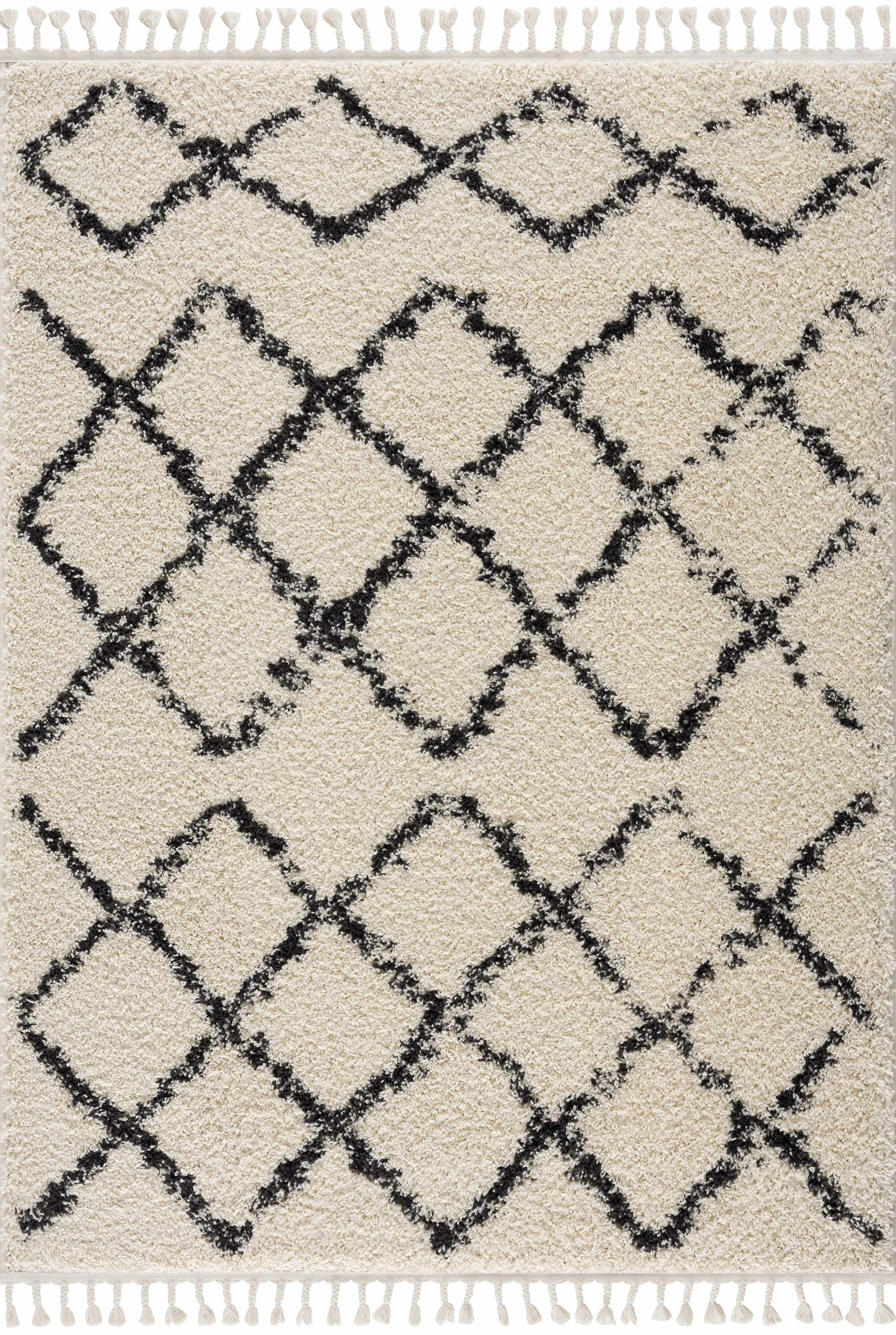 Wallagrass Beige/Black Trellis Tassel Shag
