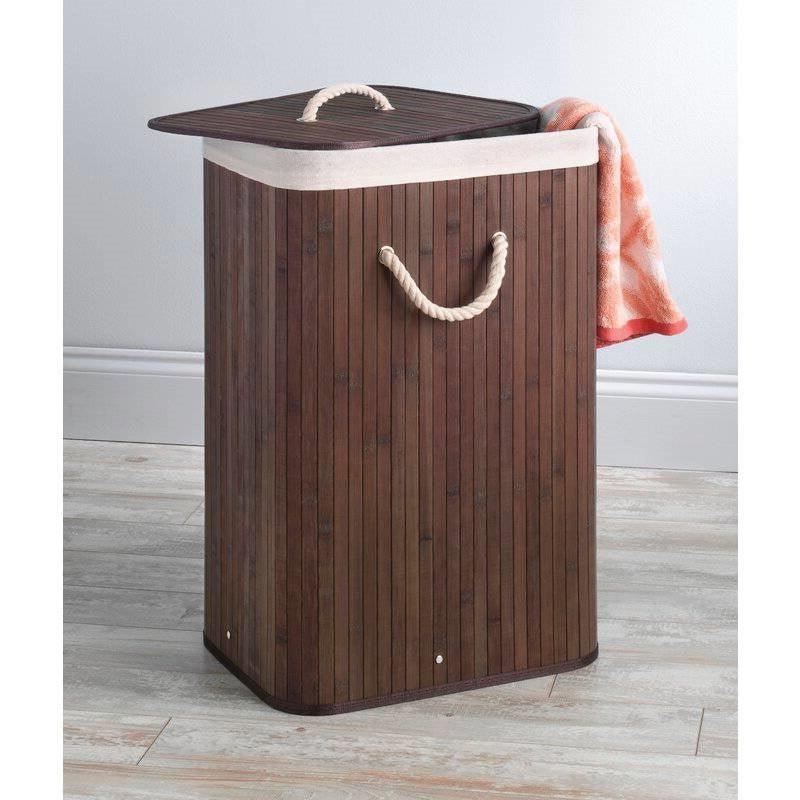 Brown Bamboo Laundry Hamper Dirty Clothes Basket with Lid and Removable Bag - PRHOMZ