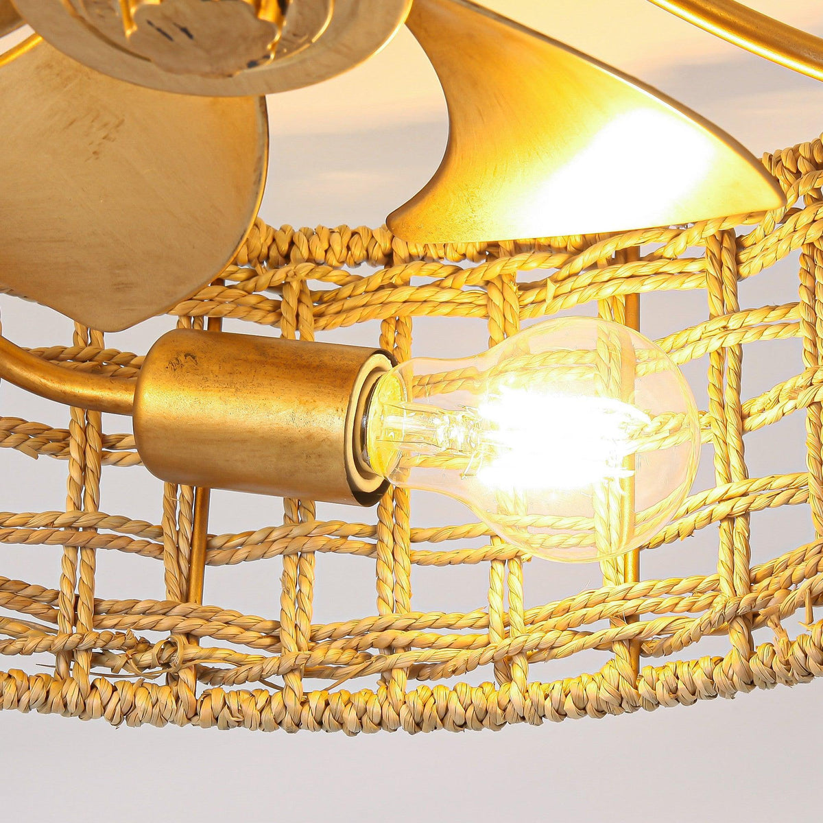 18 Inch Vintage Gold Farmhouse Rattan Flush Mount Ceiling Fan with Light APP and Remote Control