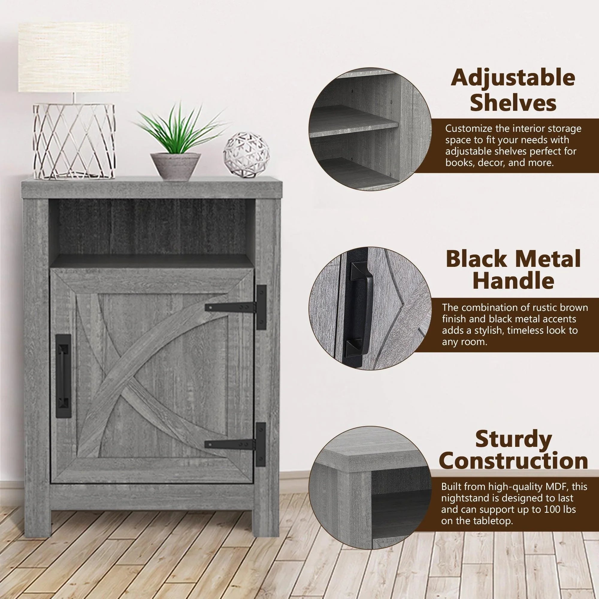 18" Solid Wood Farmhouse Nightstand for Bedroom in Brown or Grey or White