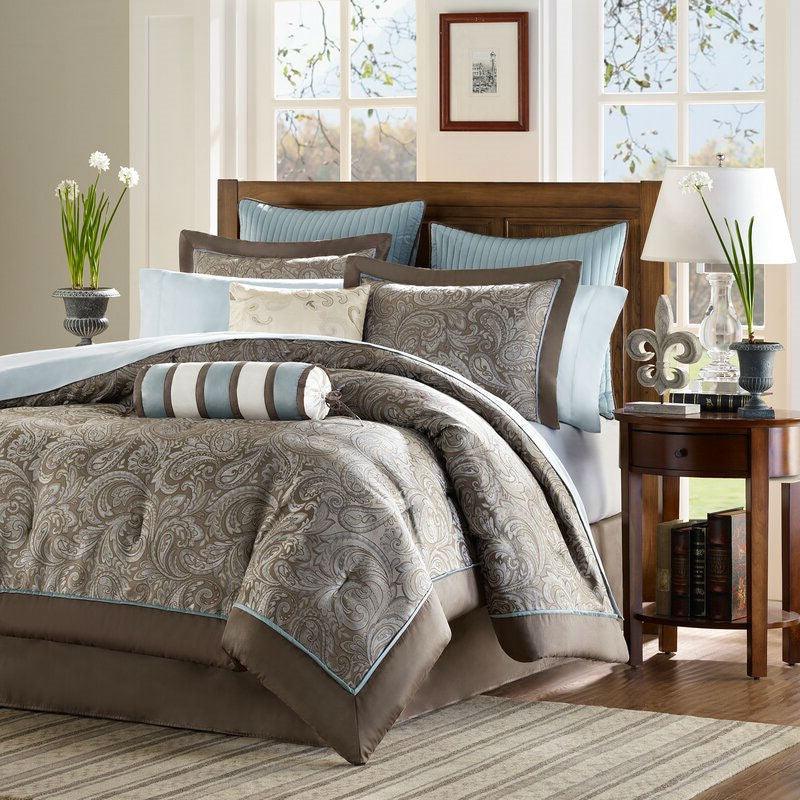 California King 12-piece Reversible Cotton Comforter Set in Brown and Blue - PRHOMZ