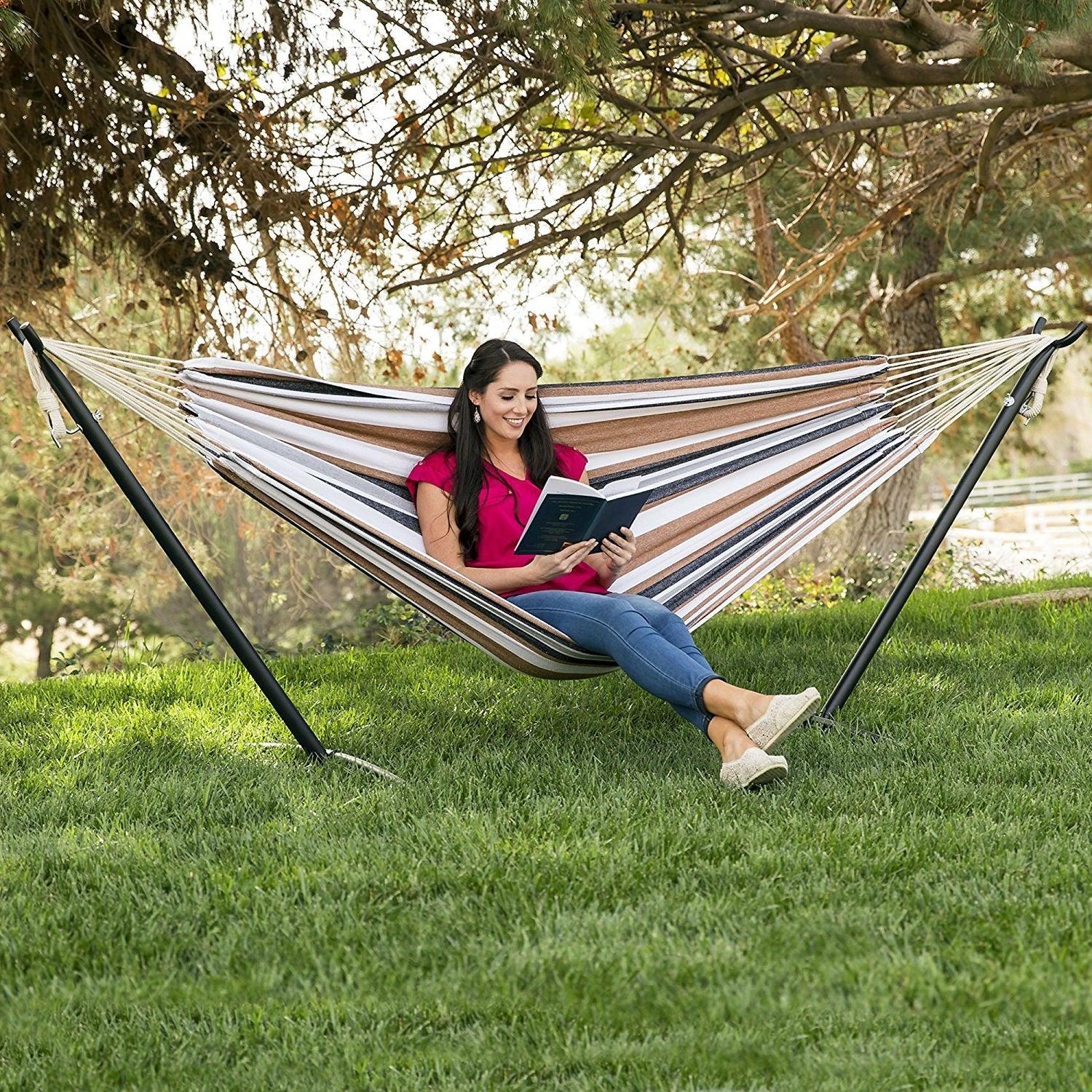 Portable Cotton Hammock in Desert Strip with Metal Stand and Carry Case - PRHOMZ