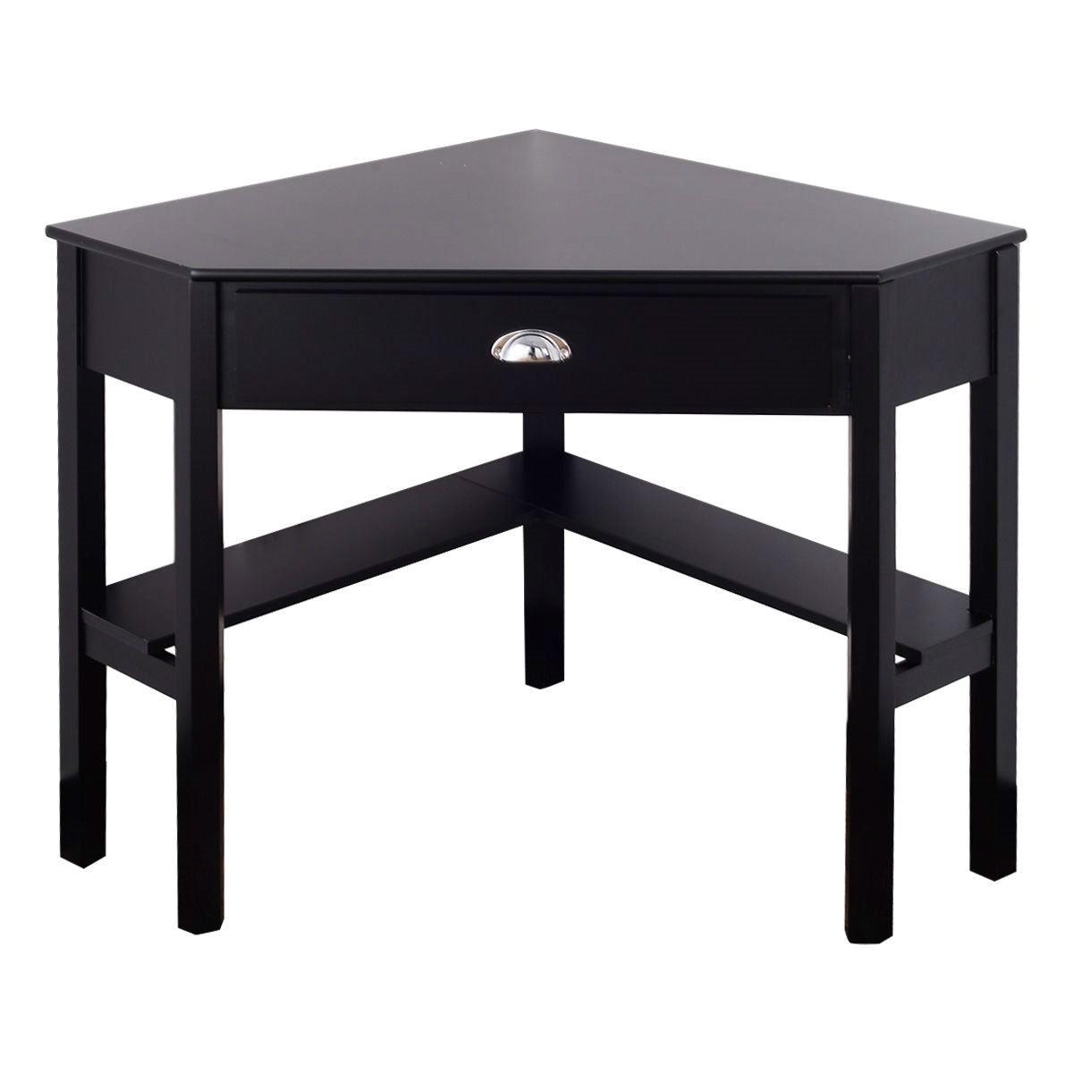 Corner Black Wood Computer Desk with Drawer - PRHOMZ