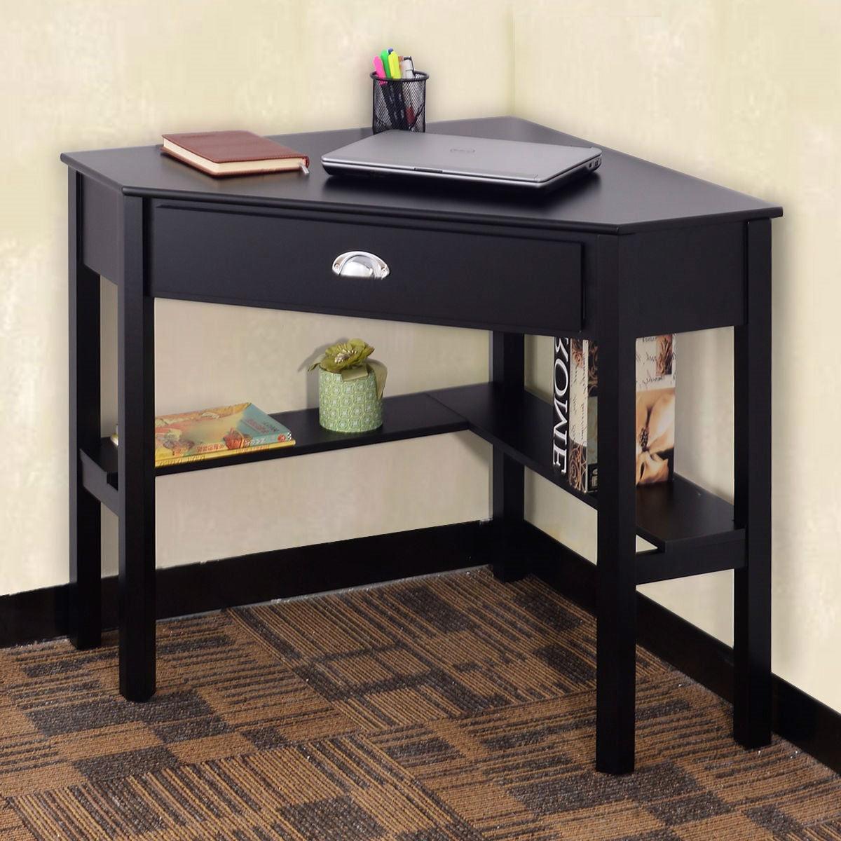 Corner Black Wood Computer Desk with Drawer - PRHOMZ