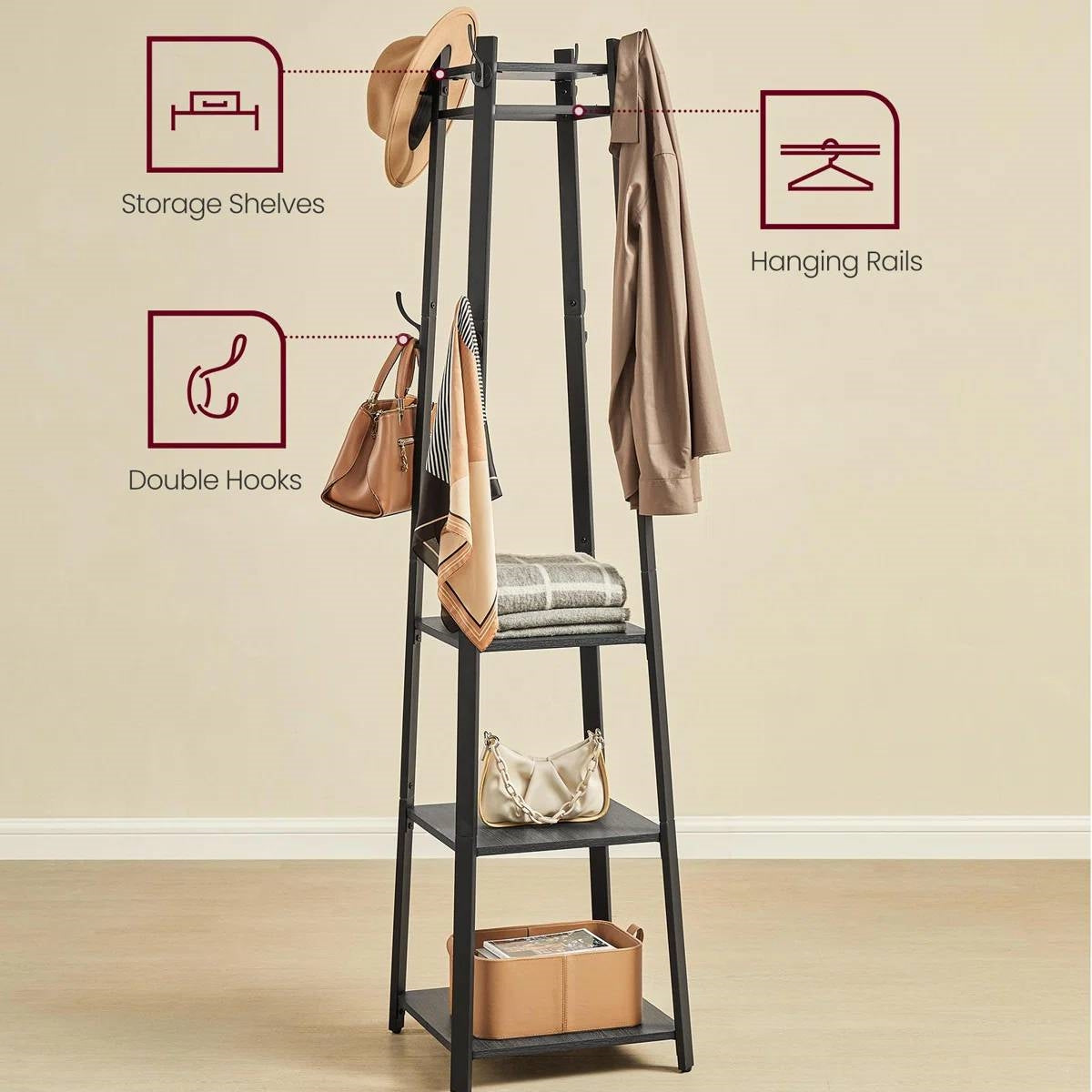 Modern Farmhouse Black Metal Coat Rack Entryway Hall Tree with Grey Wood Shelves-2