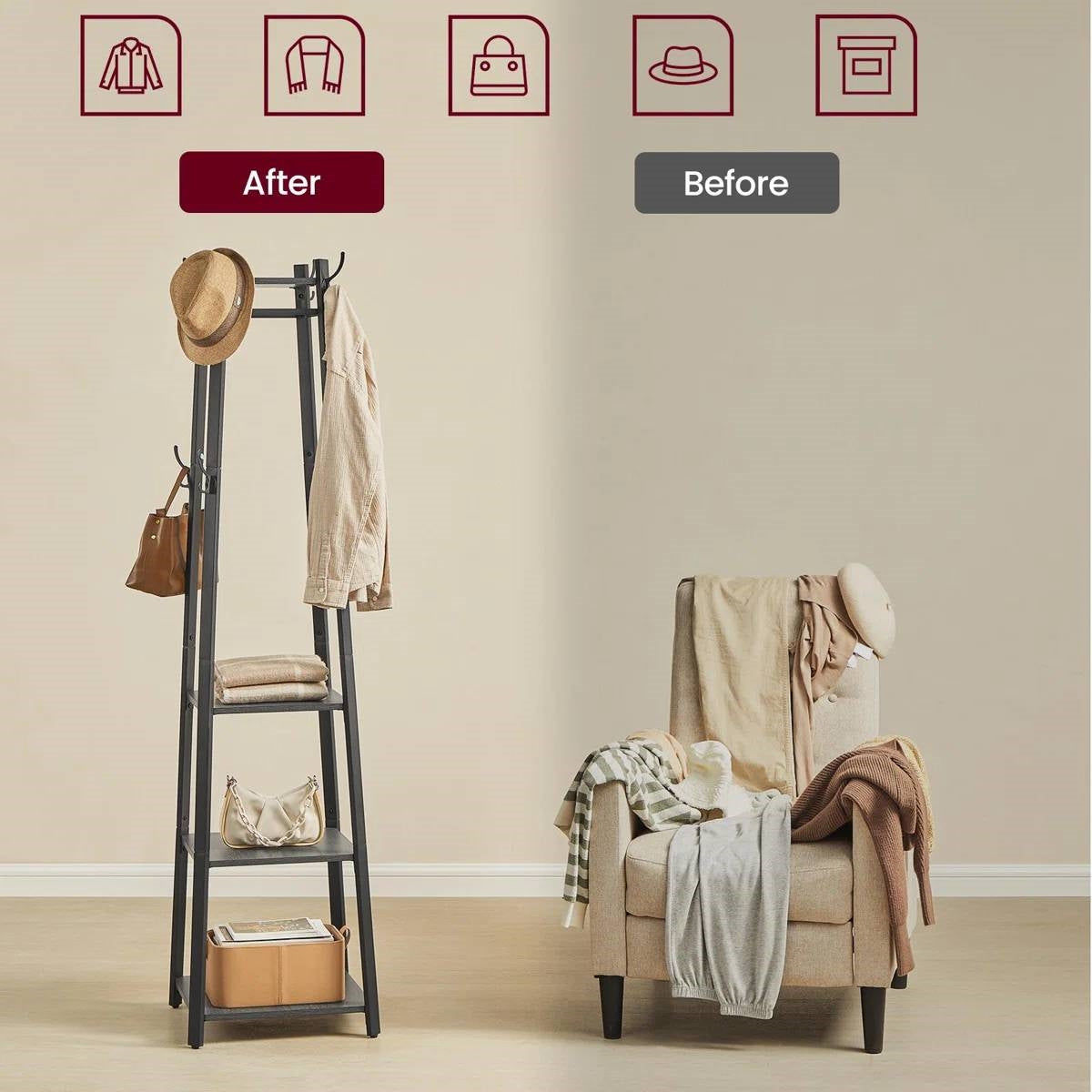 Modern Farmhouse Black Metal Coat Rack Entryway Hall Tree with Grey Wood Shelves-3