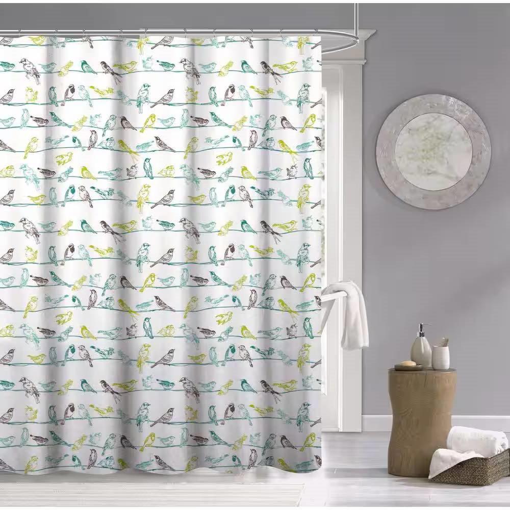 72-inch 100-Percent Cotton Fabric Shower Curtain with Teal Beige Black Birds - PRHOMZ