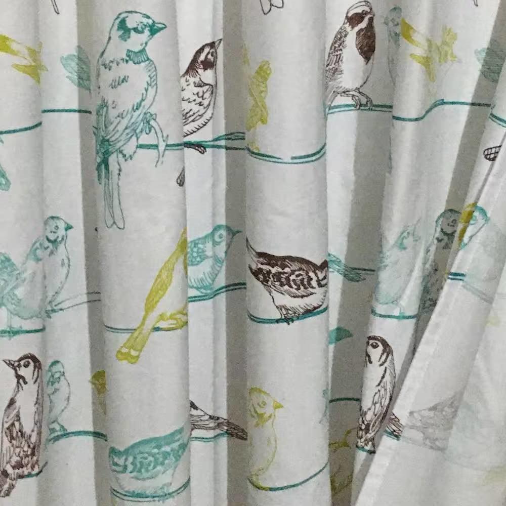 72-inch 100-Percent Cotton Fabric Shower Curtain with Teal Beige Black Birds - PRHOMZ