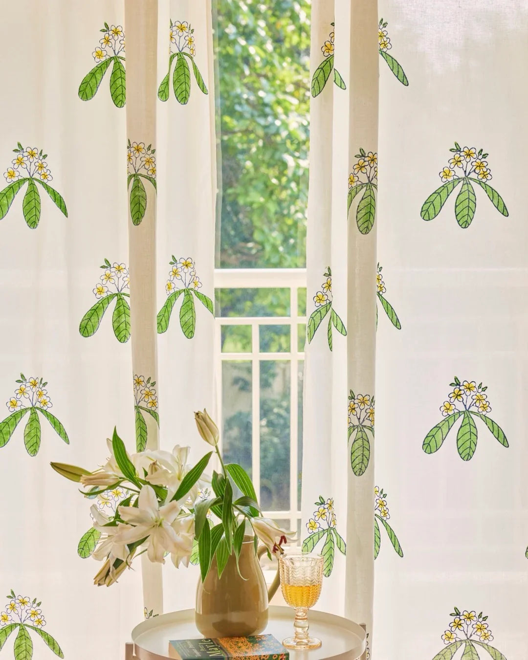 White & Green Hand Block Printed Linen Curtains | Frangipani Design-2