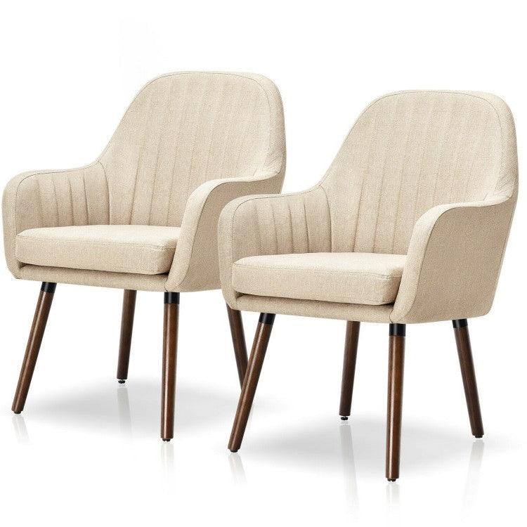 Set of 2 Retro Off-White Linen Upholstered Accent Chair with Stylish Wood Legs - PRHOMZ
