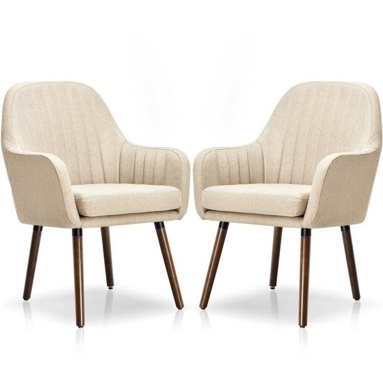 Set of 2 Retro Off-White Linen Upholstered Accent Chair with Stylish Wood Legs - PRHOMZ