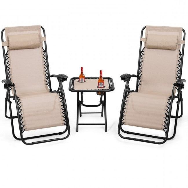 3 Piece Folding Portable Reclining Lounge Chairs Table Set Tan - PRHOMZ
