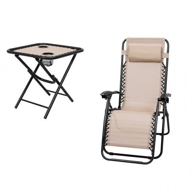 3 Piece Folding Portable Reclining Lounge Chairs Table Set Tan - PRHOMZ