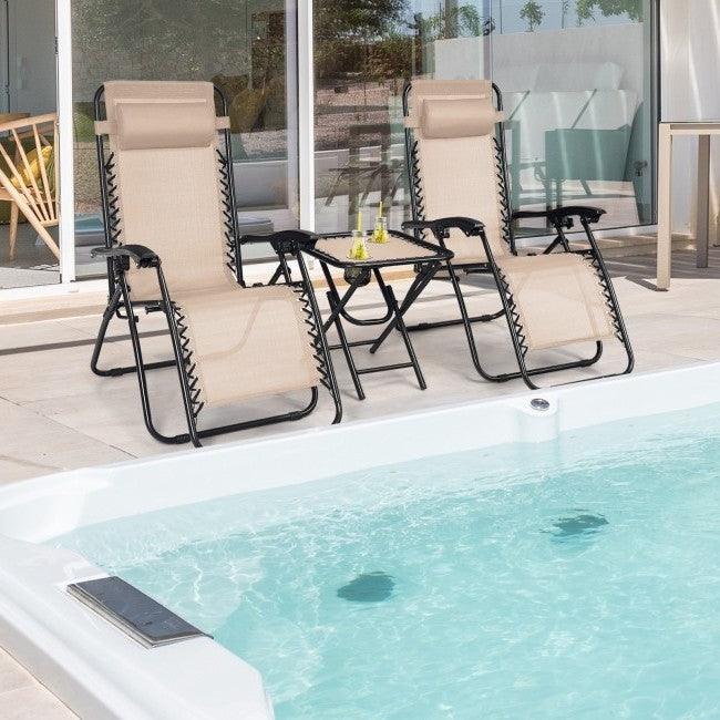 3 Piece Folding Portable Reclining Lounge Chairs Table Set Tan - PRHOMZ