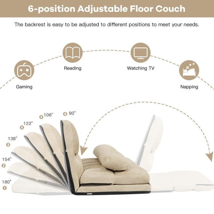 Faux Suede Minimalist 5 Tilt Foldable Floor Sofa Bed Detachable Cloth Cover in Beige - PRHOMZ