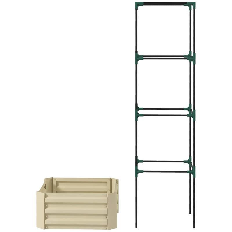 Beige Galvanized Open Bottom Raised Garden Bed Planter with Tomato Cage Trellis - PRHOMZ