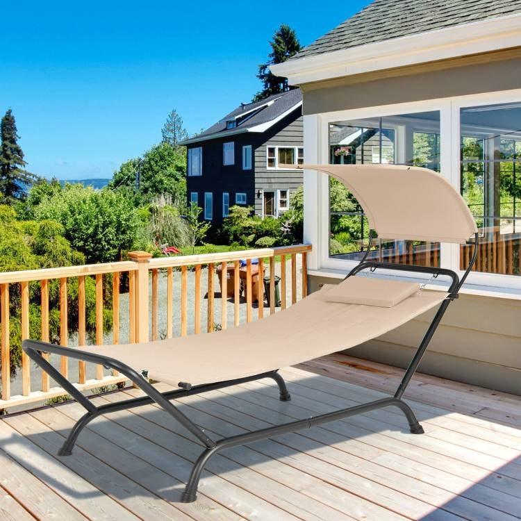 Outdoor Tan Hammock Style Chaise Lounge Chair Cot with Canopy and Storage Bag - PRHOMZ